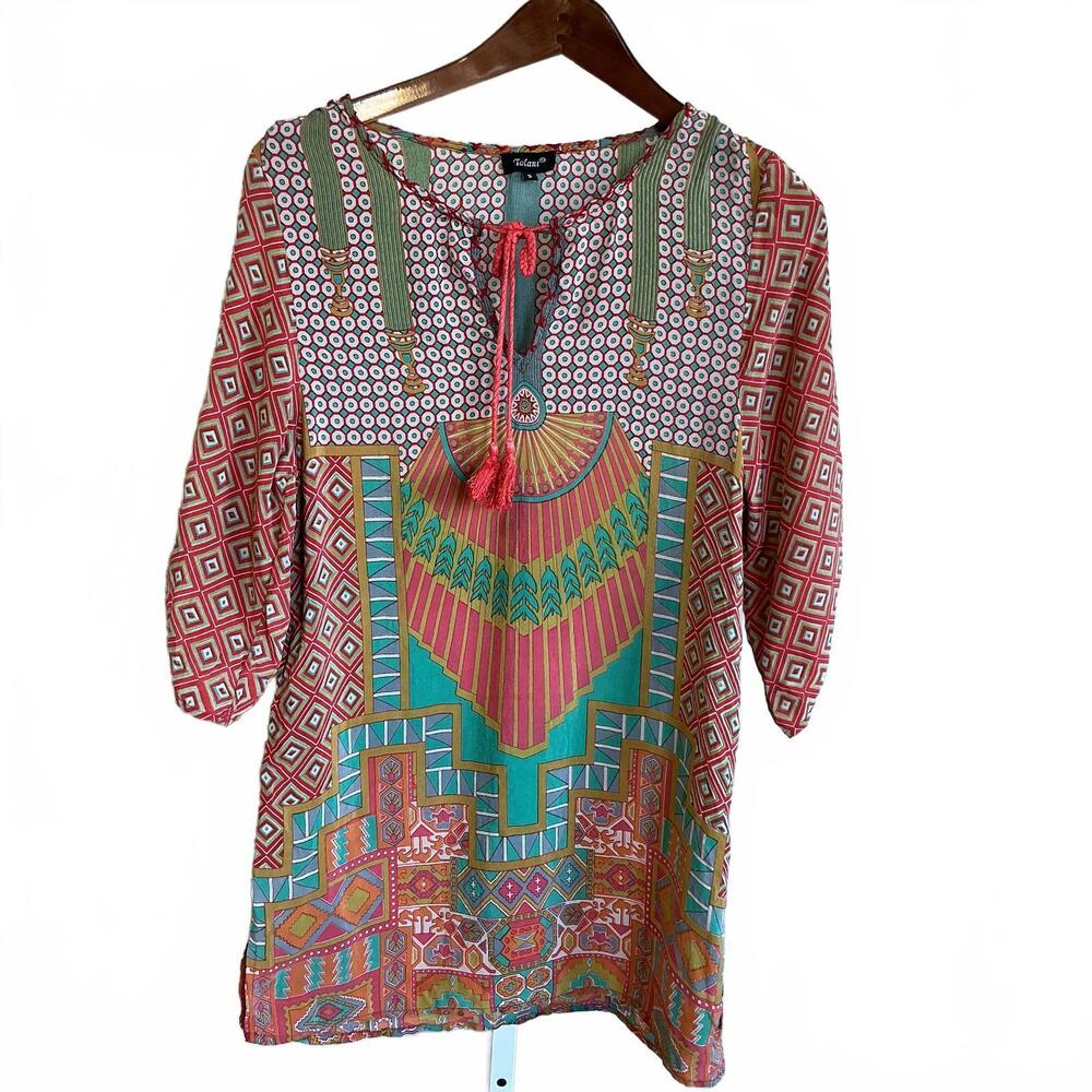 Tolani Women's Printed Bohemian ,Hippy,Resort wear 100%Silk Tunic/ Dress Size S